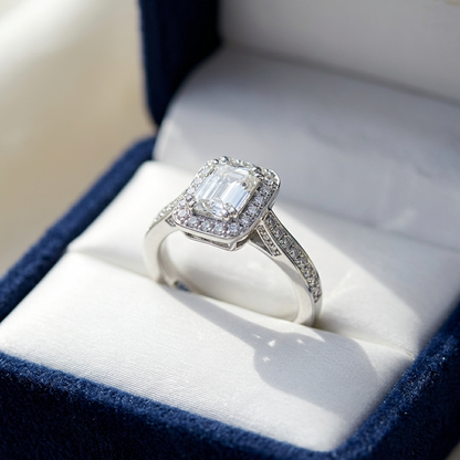 Amaris emerald cut diamond halo engagement ring, detail view