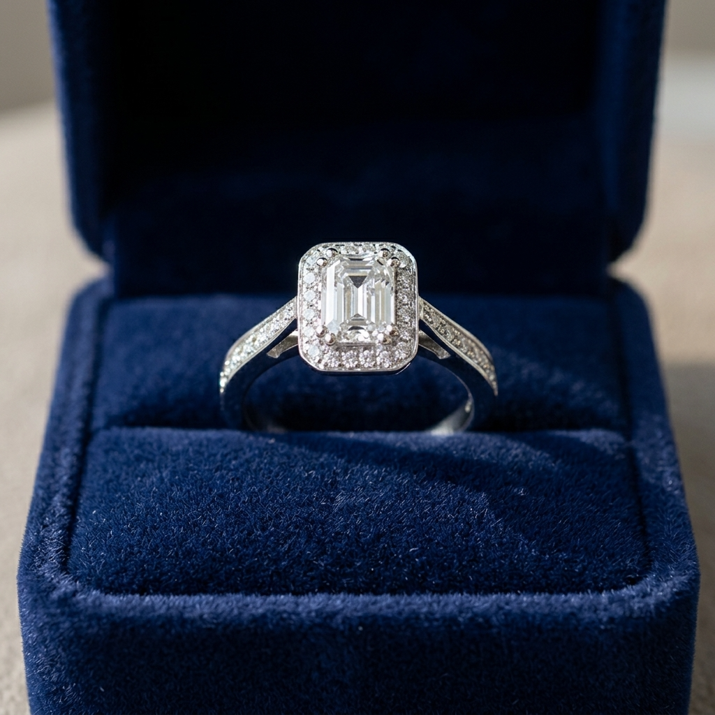 Amaris emerald cut diamond halo engagement ring, front view