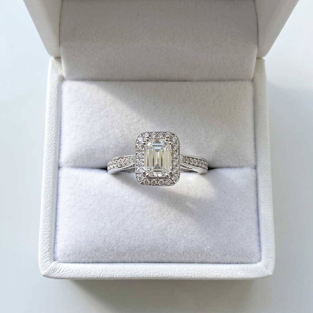 Amaris emerald cut diamond halo engagement ring, three quarter view