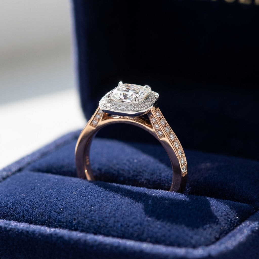 Mira cushion cut diamond halo engagement ring in white gold