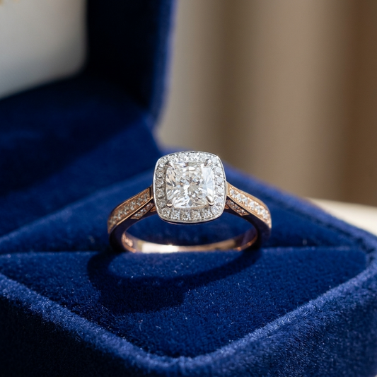Mira cushion cut diamond halo engagement ring, angled view