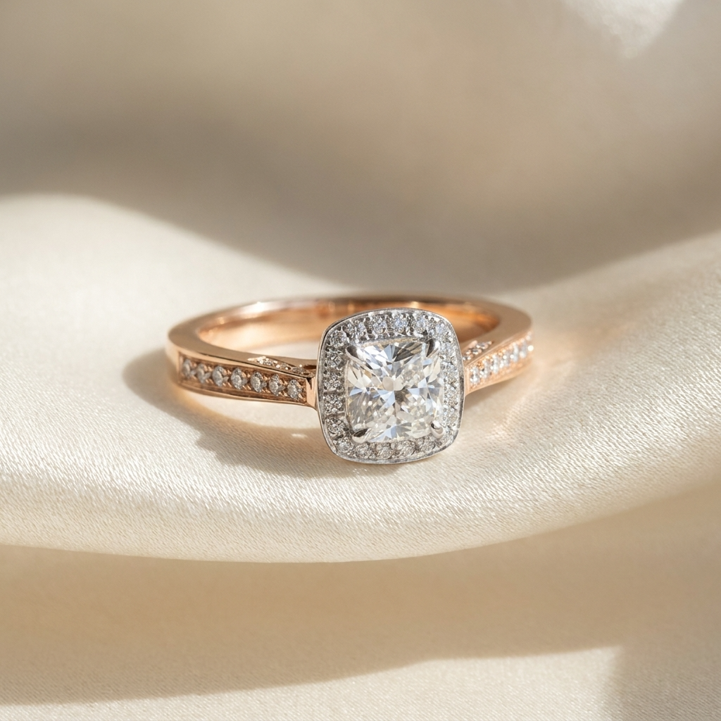 Mira cushion cut diamond halo engagement ring, side view