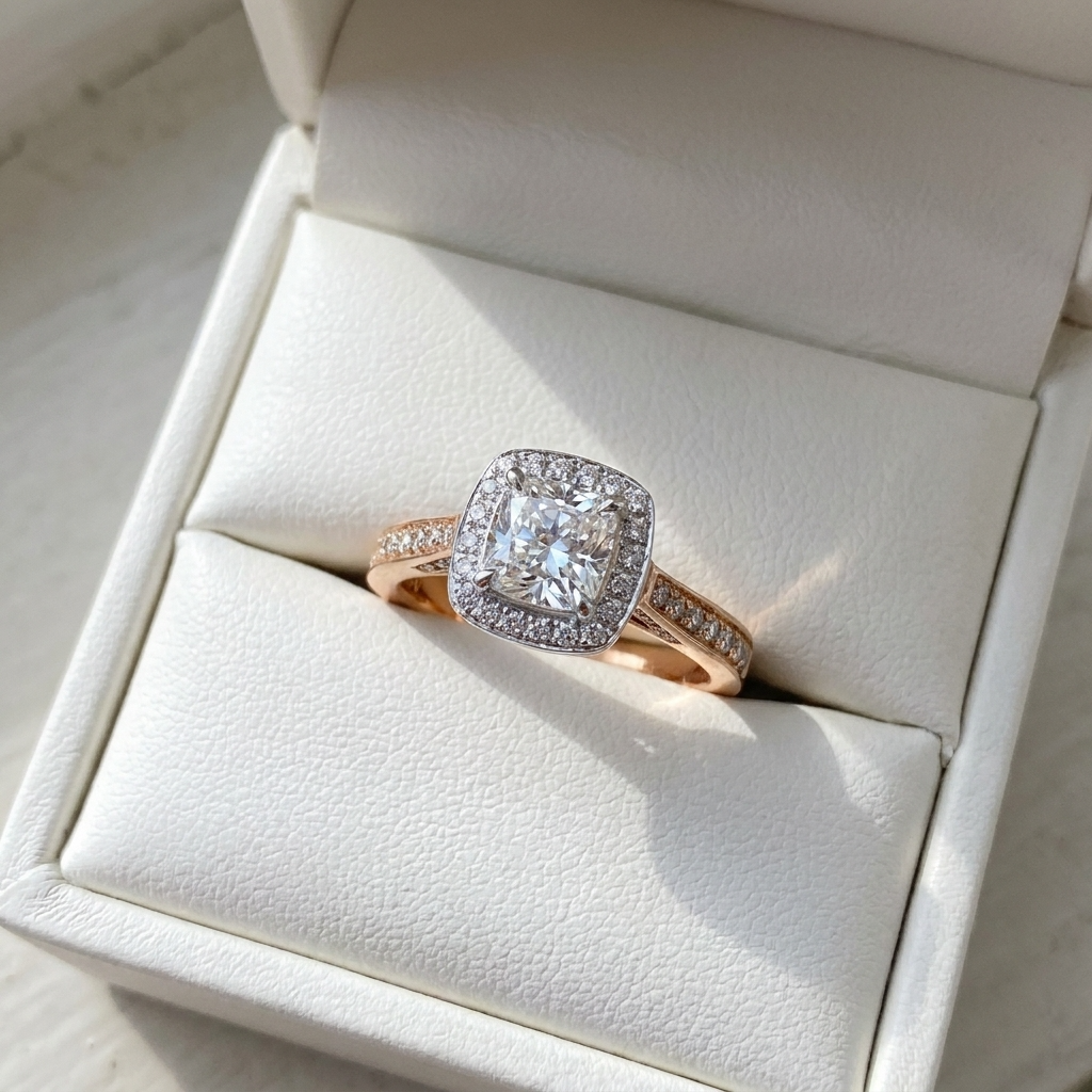 Mira cushion cut diamond halo engagement ring, front view