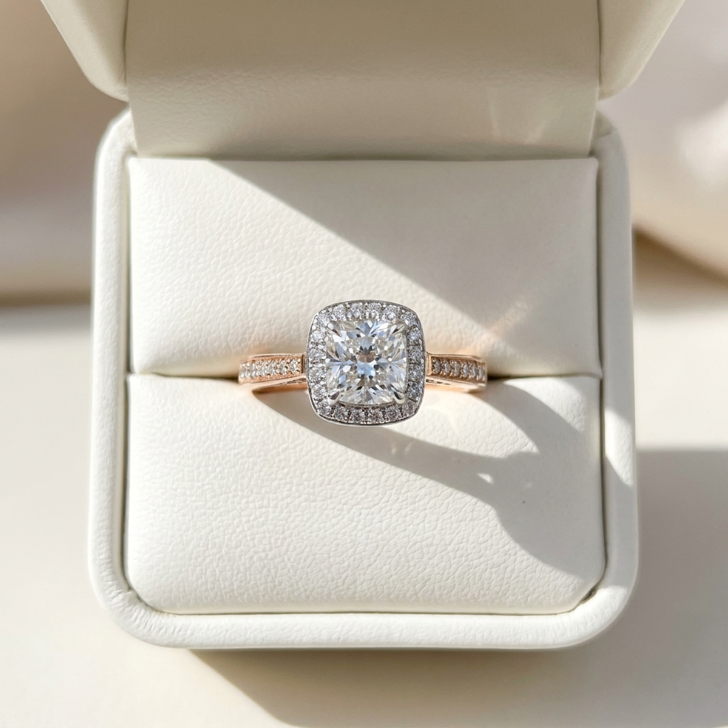 Mira cushion cut diamond halo engagement ring, detail view