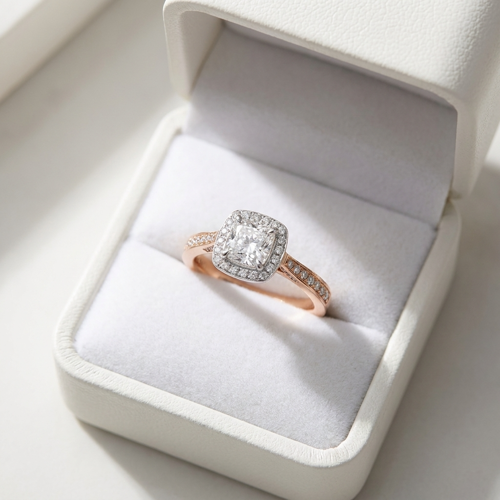 Mira cushion cut diamond halo engagement ring, top view