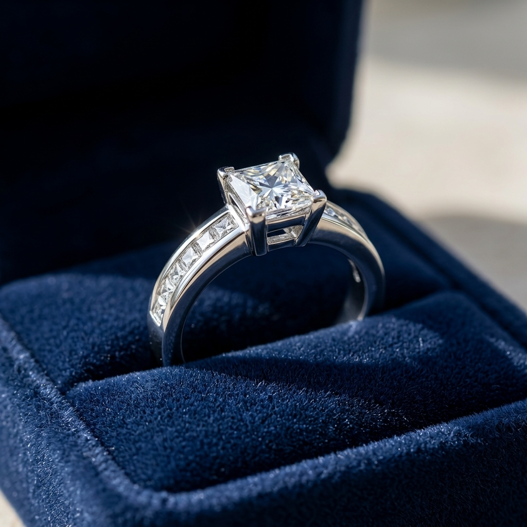 Brittany princess cut diamond engagement ring with channel set band, front view
