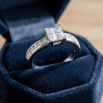 Brittany princess cut diamond engagement ring with channel set band, angled view