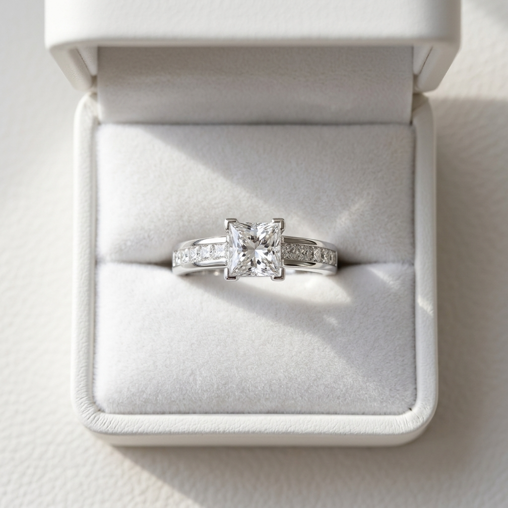 Brittany princess cut diamond engagement ring with channel set band, side view