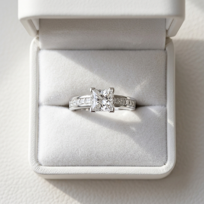 Brittany princess cut diamond engagement ring with channel set band, side view