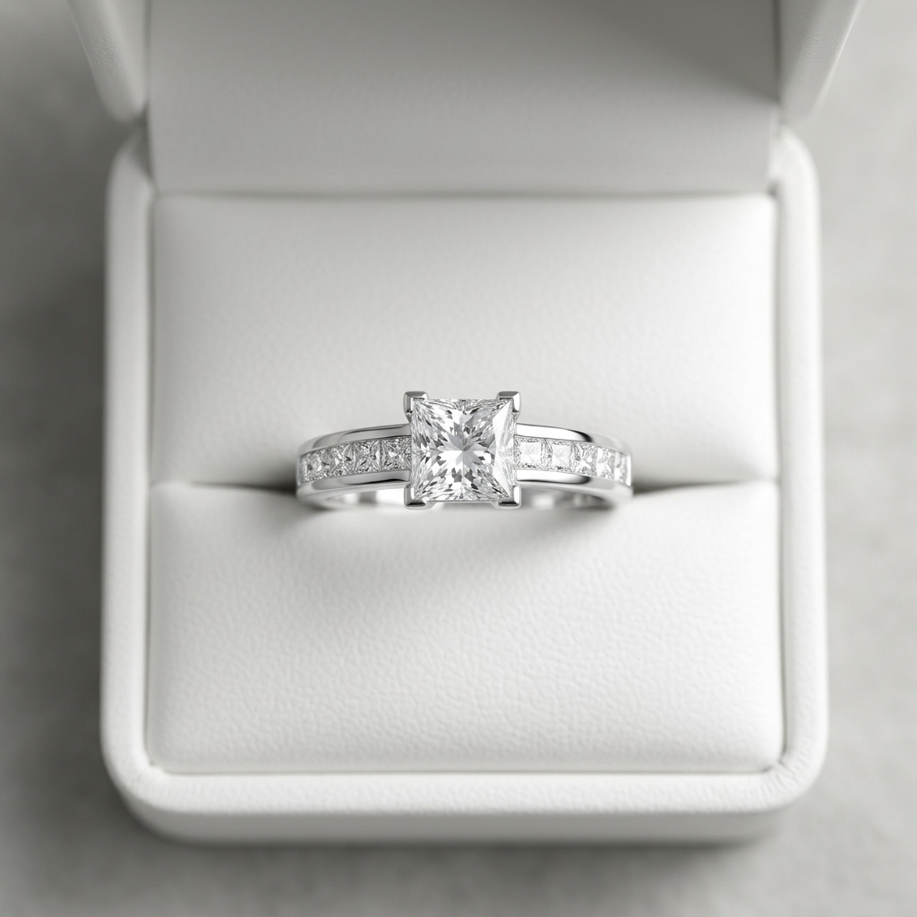 Brittany princess cut diamond engagement ring with channel set band, detail view
