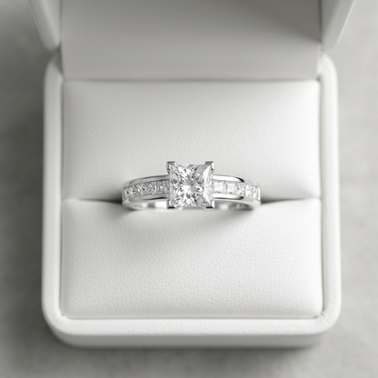 Brittany princess cut diamond engagement ring with channel set band, detail view
