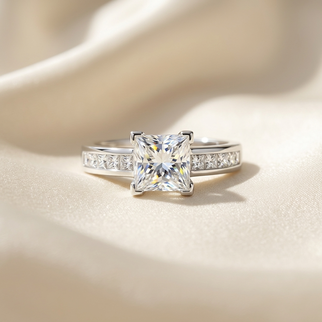 Brittany princess cut diamond engagement ring with channel set band, top view