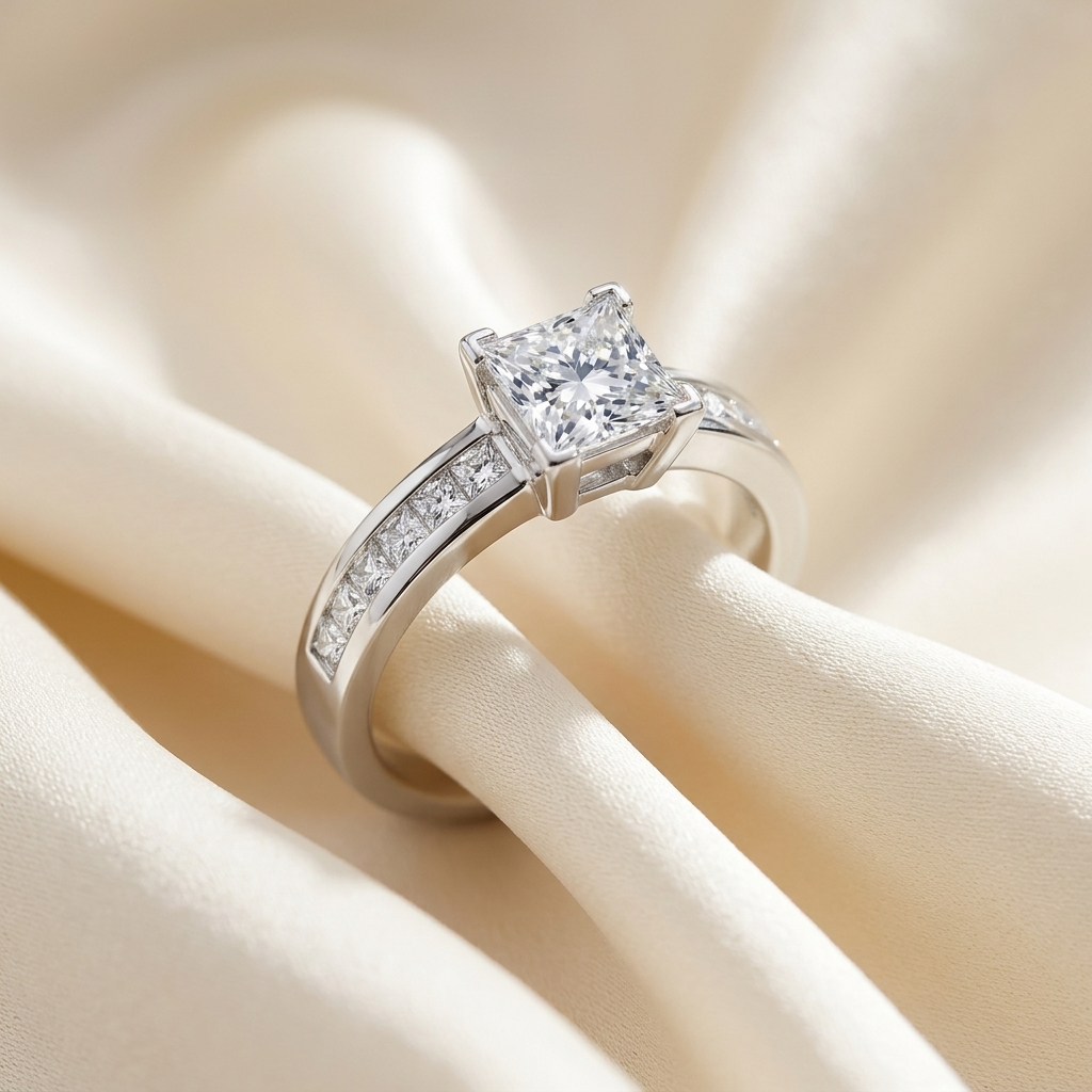 Brittany princess cut diamond engagement ring with channel set band, three quarter view
