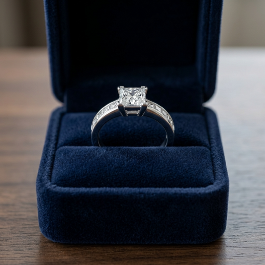 Brittany princess cut diamond engagement ring with channel set band in 18ct white gold