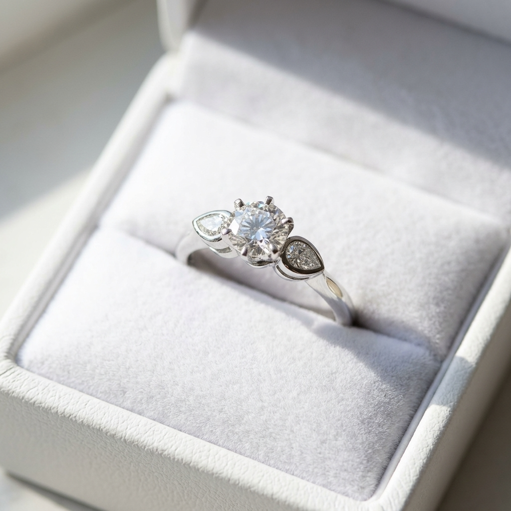 Lauren round brilliant diamond three stone engagement ring with pear shape shoulder stones, angled view