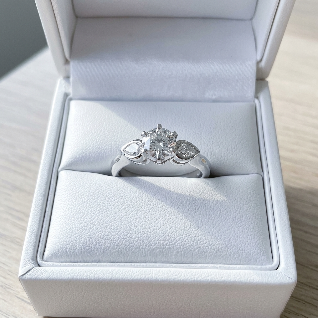 Lauren round brilliant diamond three stone engagement ring with pear shape shoulder stones, detail view