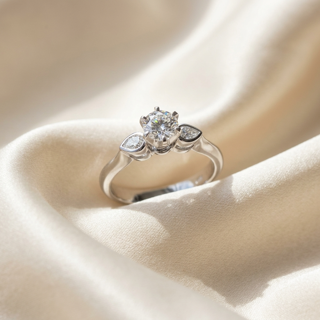 Lauren round brilliant diamond three stone engagement ring with pear shape shoulder stones, three quarter view