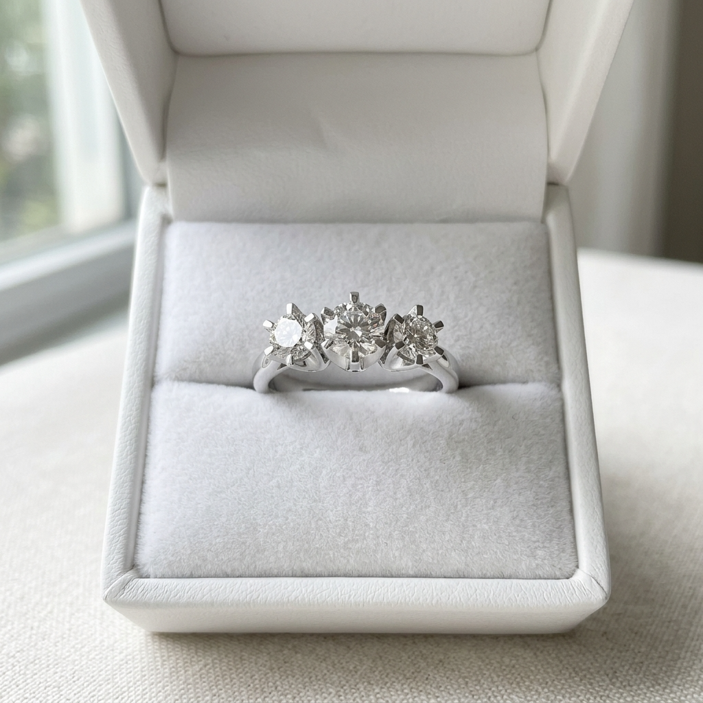 Louise round brilliant diamond three stone engagement ring, angled view