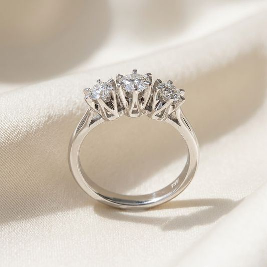 Louise round brilliant diamond three stone engagement ring in 18ct white gold
