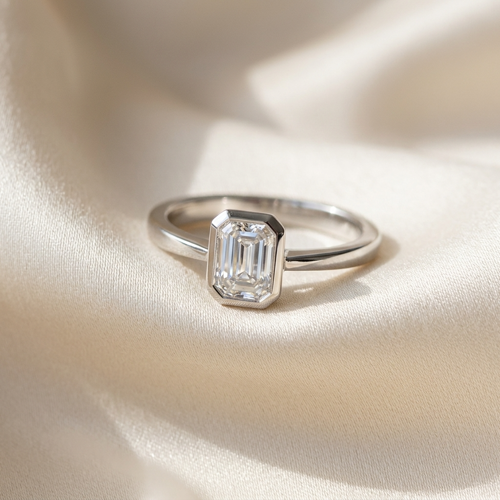 'Bezel' Diamond Engagement Ring - Emerald 0.56ct - H VS1