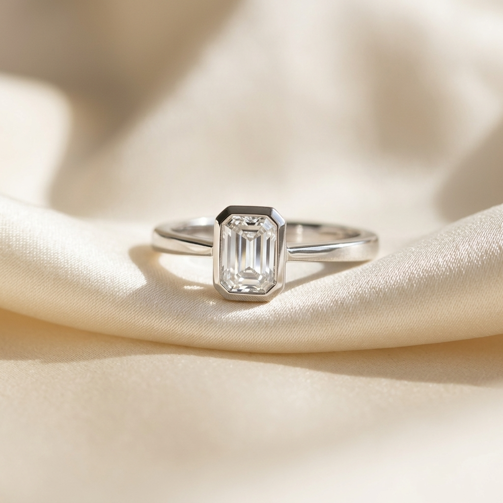 'Bezel' Diamond Engagement Ring - Emerald 0.56ct - H VS1