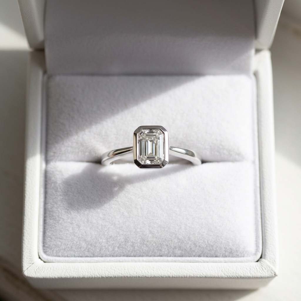 'Bezel' Diamond Engagement Ring - Emerald 0.56ct - H VS1