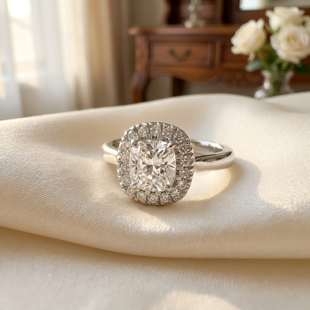 Cushion cut diamond halo engagement ring in 18ct white gold — Diamond Imports Australia. © Diamond Imports 2026