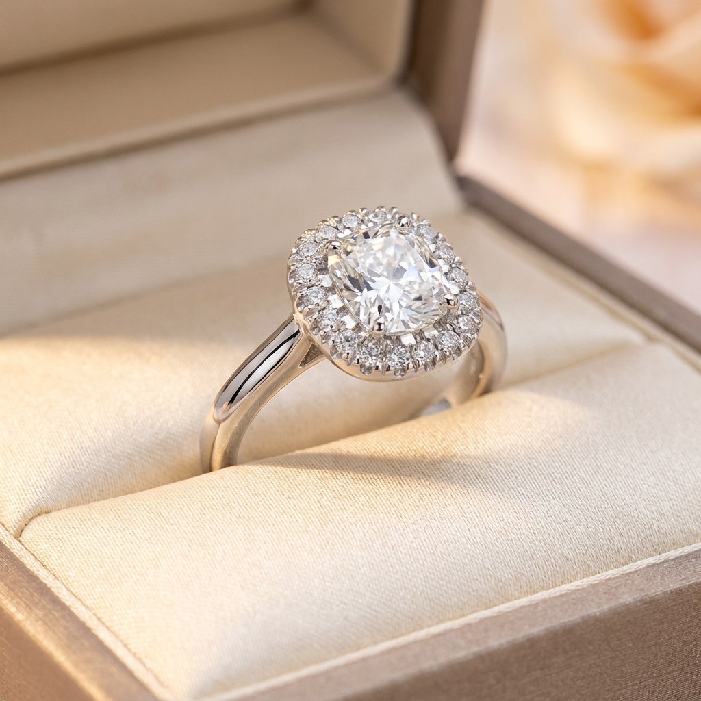Cushion cut diamond halo engagement ring in 18ct white gold — Diamond Imports Australia. © Diamond Imports 2026