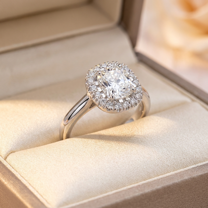Cushion cut diamond halo engagement ring in 18ct white gold — Diamond Imports Australia. © Diamond Imports 2026