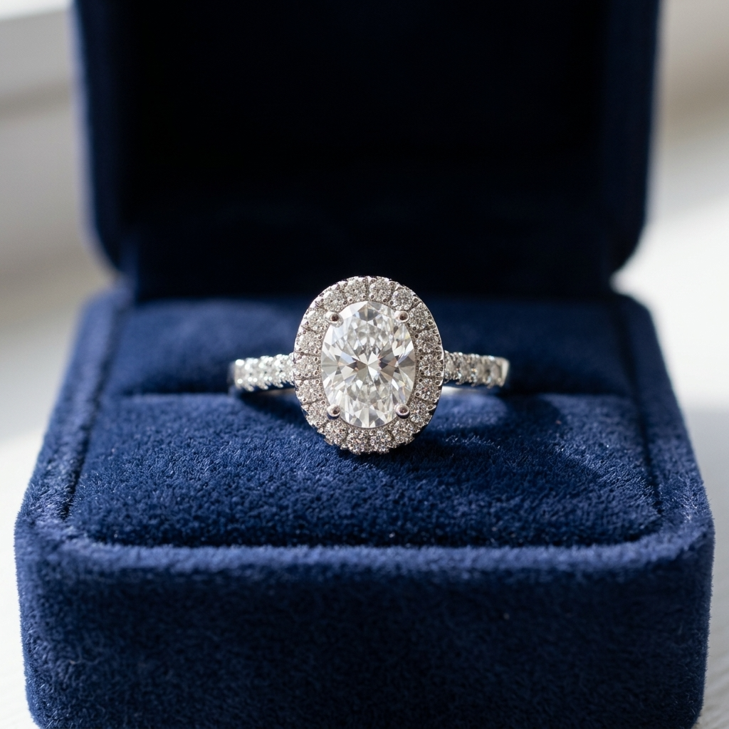 Lucienne oval cut diamond halo engagement ring in white gold