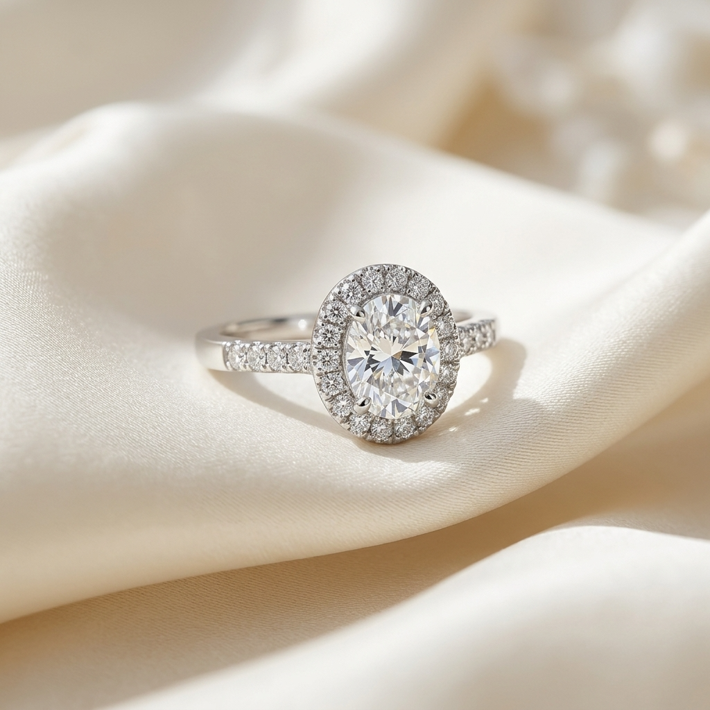 Lucienne oval cut diamond halo engagement ring, side view
