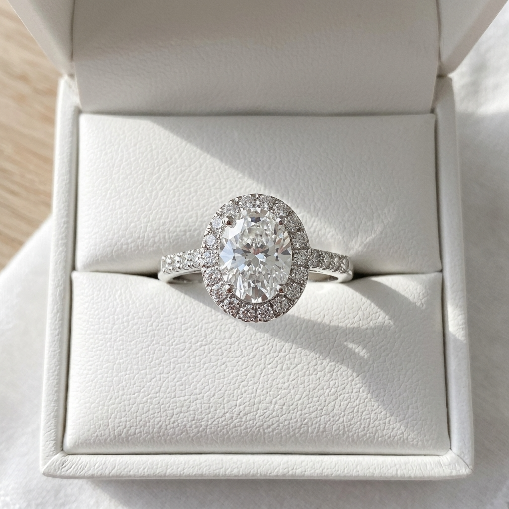 Lucienne oval cut diamond halo engagement ring, detail view