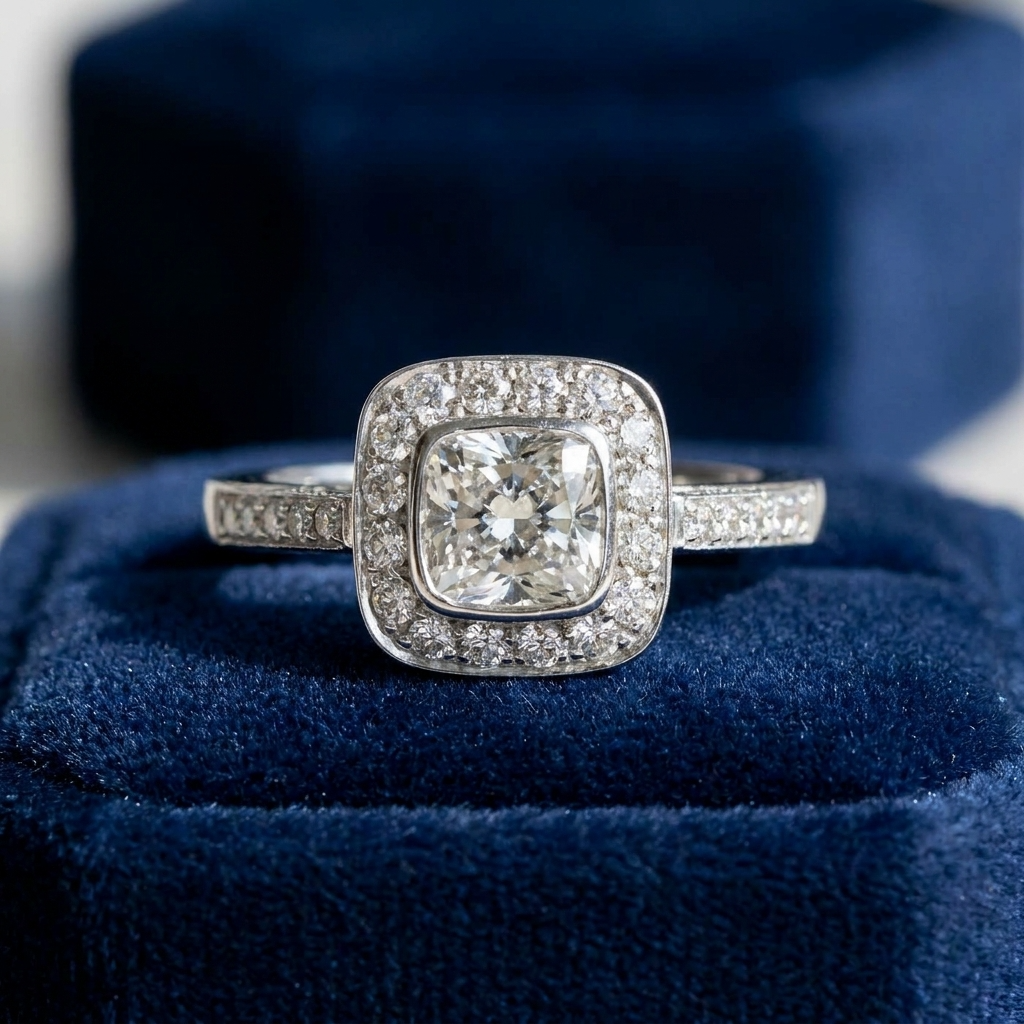 Céleste cushion cut diamond halo engagement ring, detail view