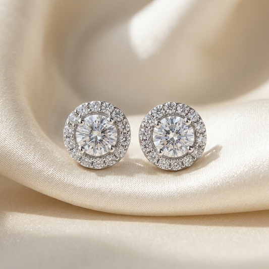 Round brilliant diamond halo earrings — handcrafted in Sydney
