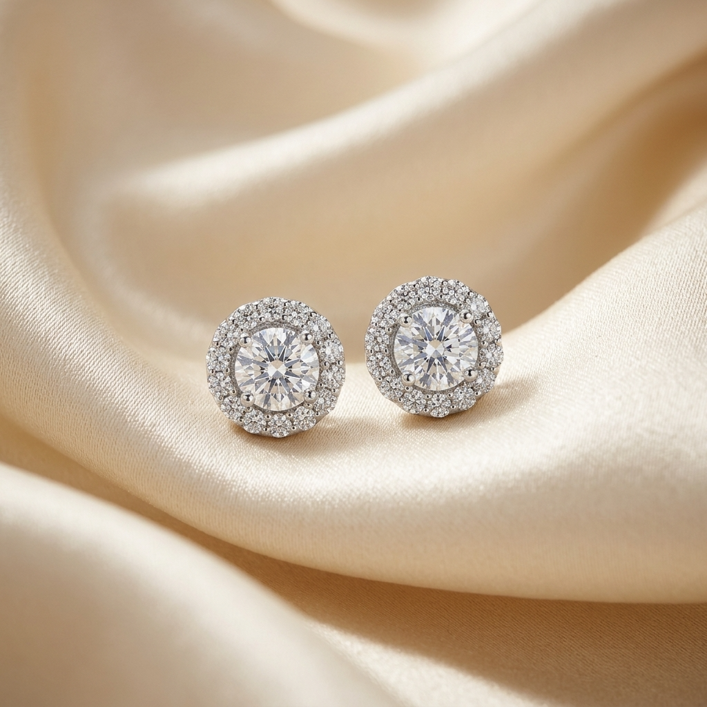 Round brilliant diamond halo earrings - angled view