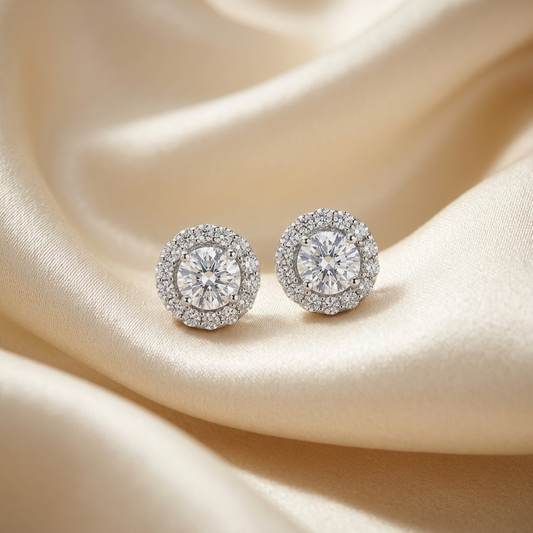 Round brilliant diamond halo earrings - angled view