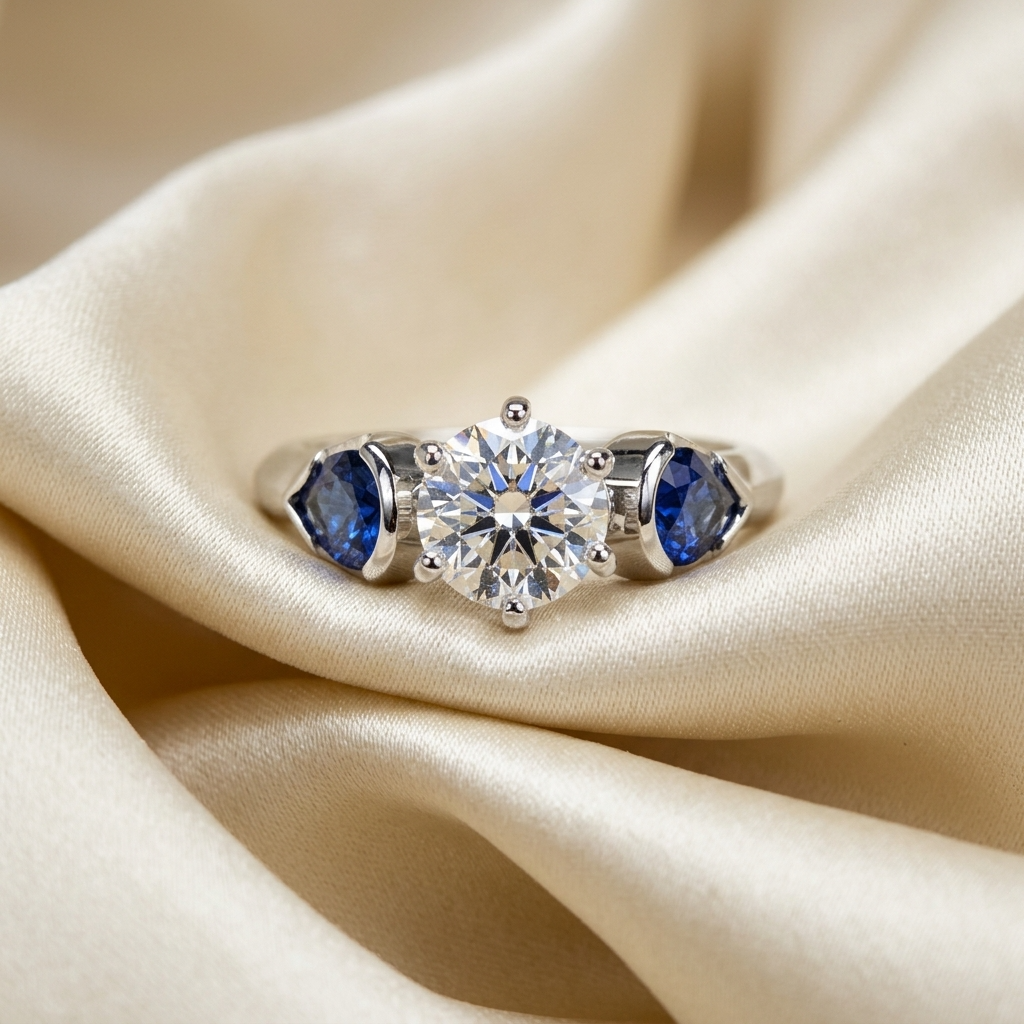 Round brilliant diamond trilogy engagement ring with pear shaped blue sapphires — handcrafted in Sydney