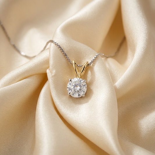 Round diamond solitaire pendant in two tone gold