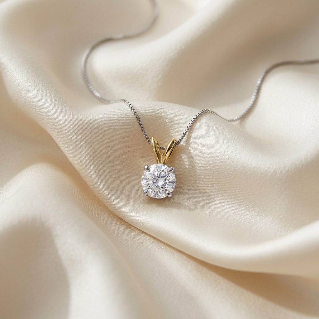 Round diamond solitaire pendant in two tone gold