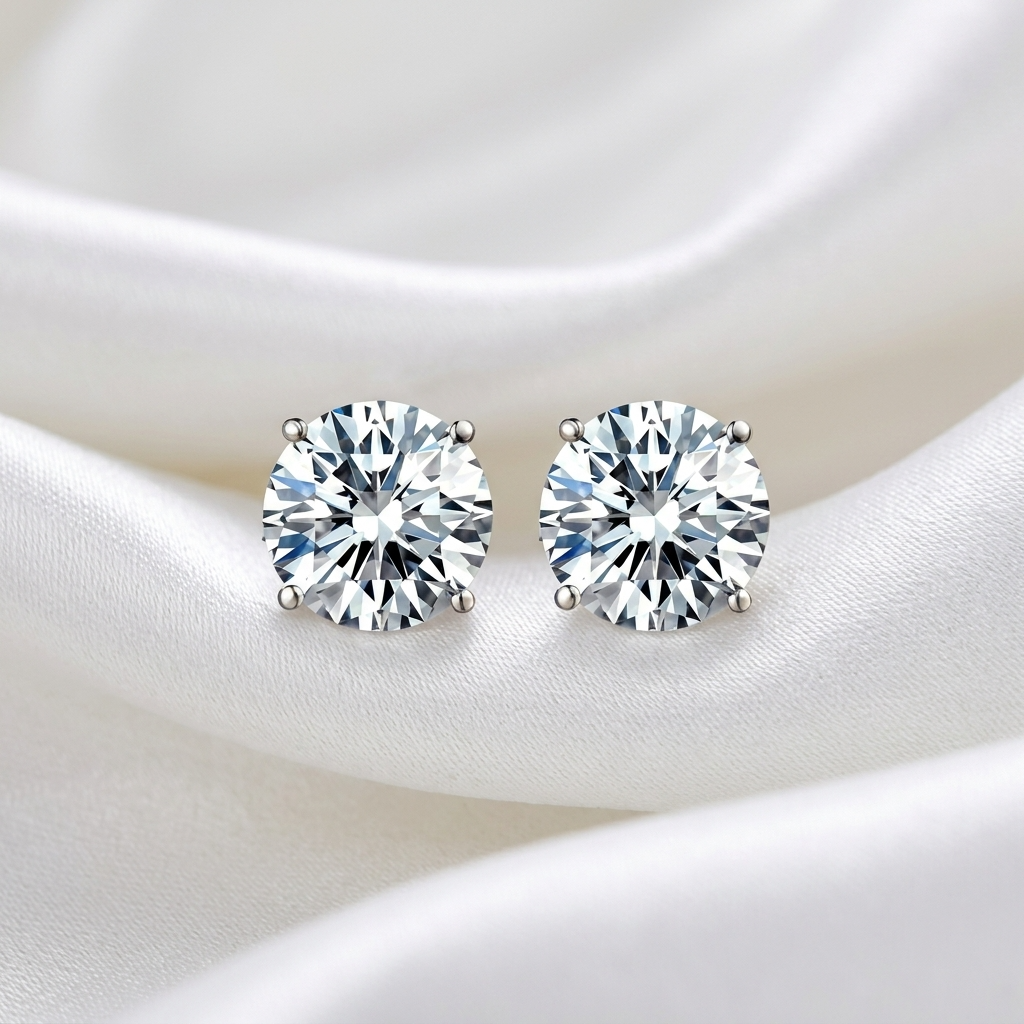 Round diamond stud earrings in a four claw setting