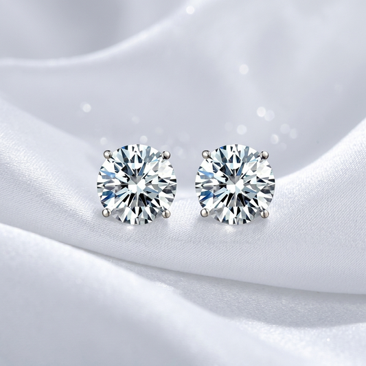 Round diamond stud earrings four claw setting - angled view