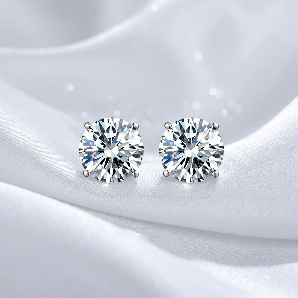 Round diamond stud earrings four claw setting - angled view