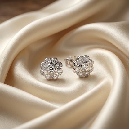 Round flower cluster diamond earrings - angled view