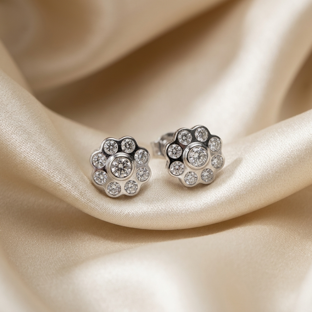 Round flower cluster diamond earrings - angled view