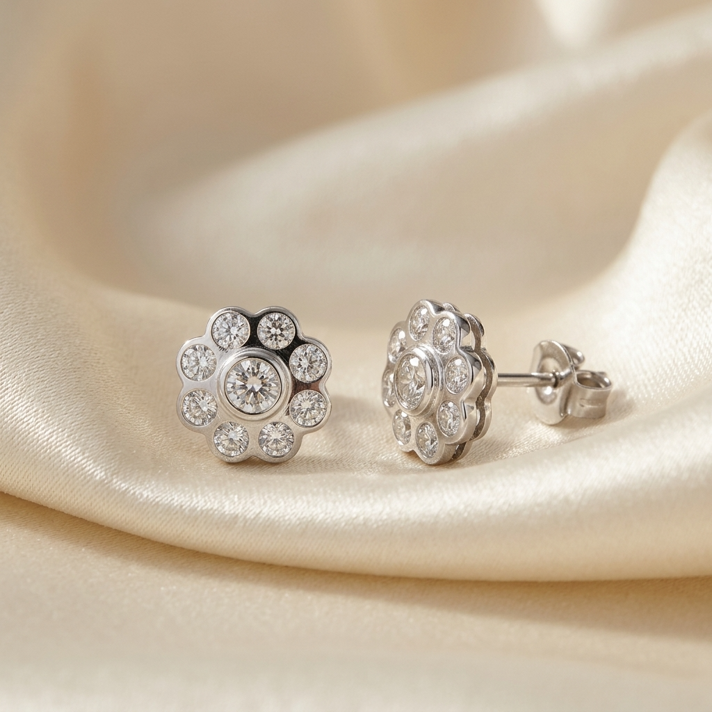 Round flower cluster diamond earrings - side view
