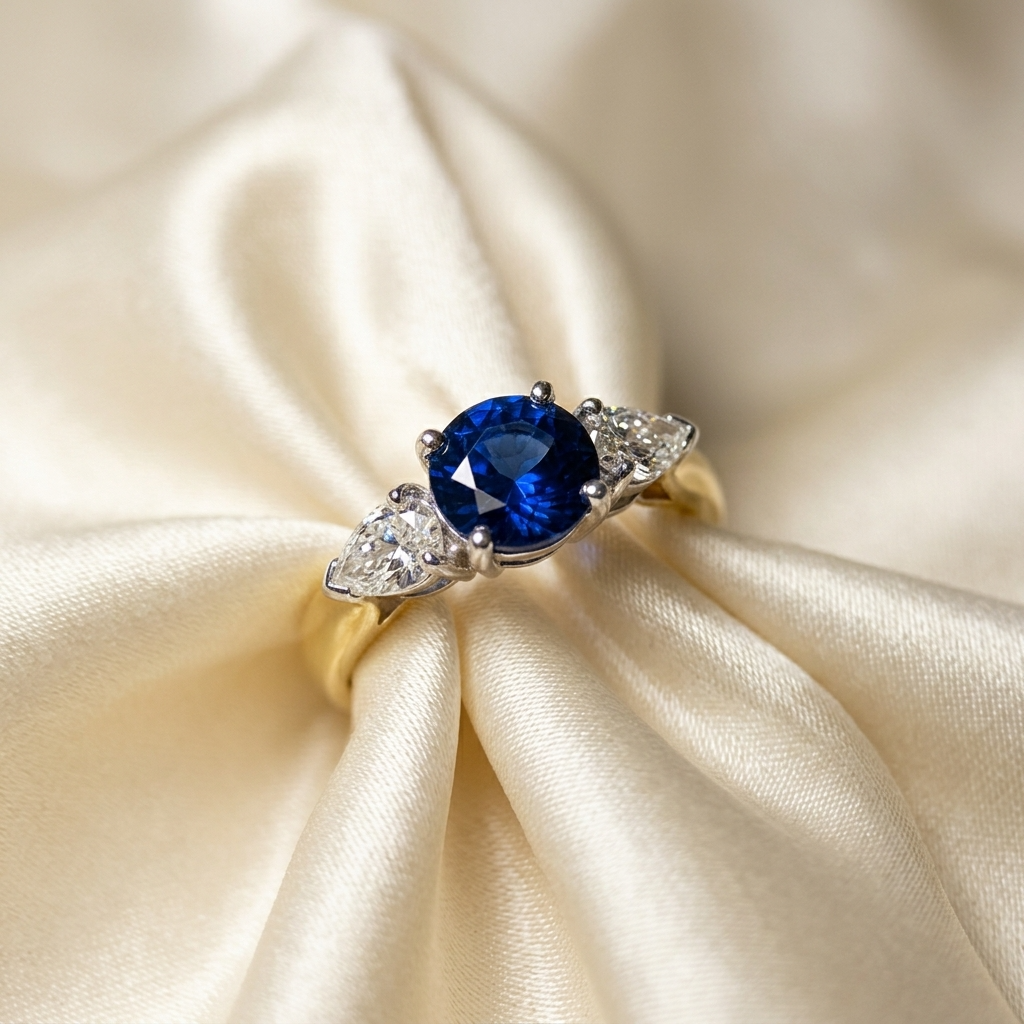 Round sapphire and diamond engagement ring — handcrafted in Sydney
