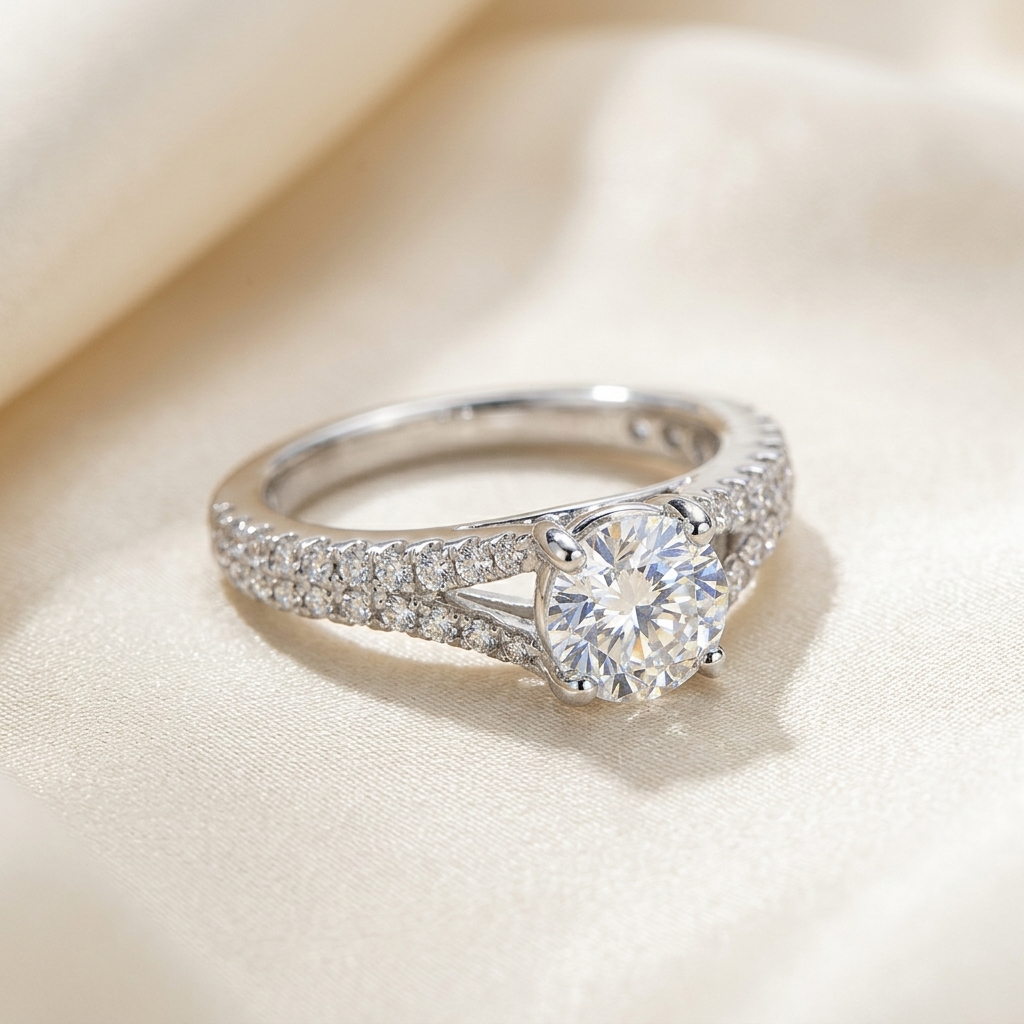 Round diamond ring with side stones - side view