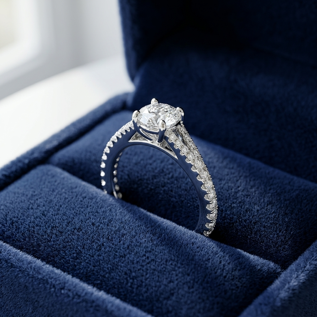 Round diamond ring with side stones - detail view