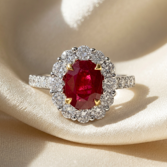 Oval ruby and diamond halo ring with diamond set band - side view