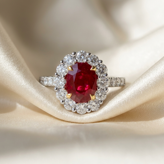 Oval ruby and diamond halo engagement ring with diamond set band in white gold